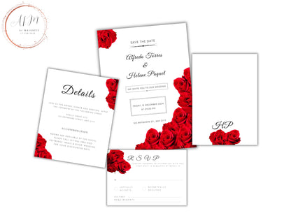 Red Rose Wedding Invitation set, Red Rose RSVP, Dark Red floral, Elegant Red Rose wedding Invitation, Details , Editable,Template. T28