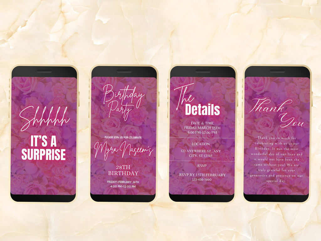 Pink Birthday Party Invitation Template, Digital Pink Rose Birthday Dinner Invitation, Pink Rose Birthday Evite, Editable Template. BEI20