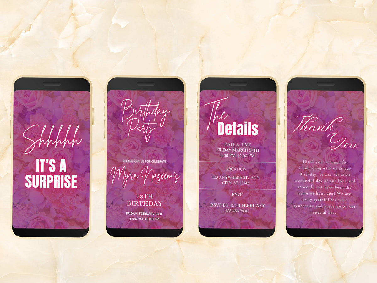 Pink Birthday Party Invitation Template, Digital Pink Rose Birthday Dinner Invitation, Pink Rose Birthday Evite, Editable Template. BEI20