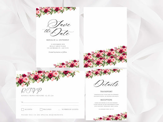 Red wedding invitation template set, printable invite suite editable rsvp details card, pink floral wedding card, wc83