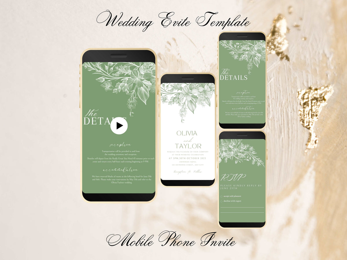 Sage Green Wedding Evite Template, Electronic Wedding Invitation, Sage Green Electronic Invitation, Text Message, Mobile Phone Invite. WEII0