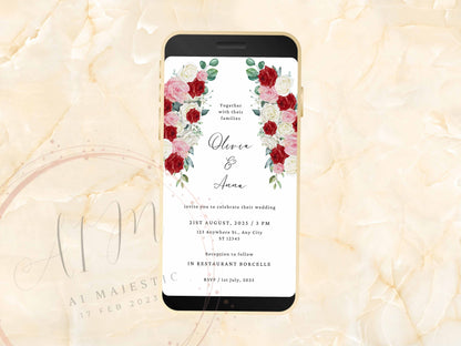 Wedding Evite Template, Electronic Wedding Invitation, Pink Flower Digital Wedding Invitation, Text Message, Mobile Phone Invite. WEI47