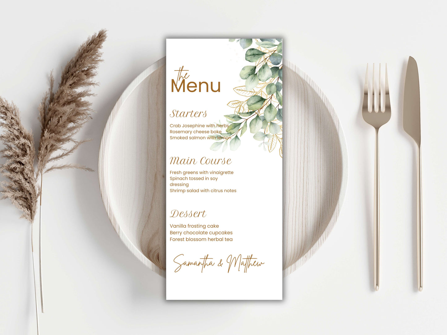 Boho Greenery Wedding Menu Template | Eucalyptus Place Card & Thank You Card | Minimalist Wedding Printable Set | Instant Download. WI188