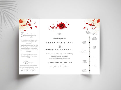 Red Rose Wedding Invitation Template - Gatefold Floral Invite with Itinerary - Elegant Modern Printable Wedding Card. WI157