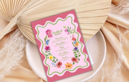 Colorful Floral Cocktail Menu Template, Printable Drinks Sign, Bar Menu Garden Party, Drink Menu, Biotical Wavy Cocktail Menu. WSB39
