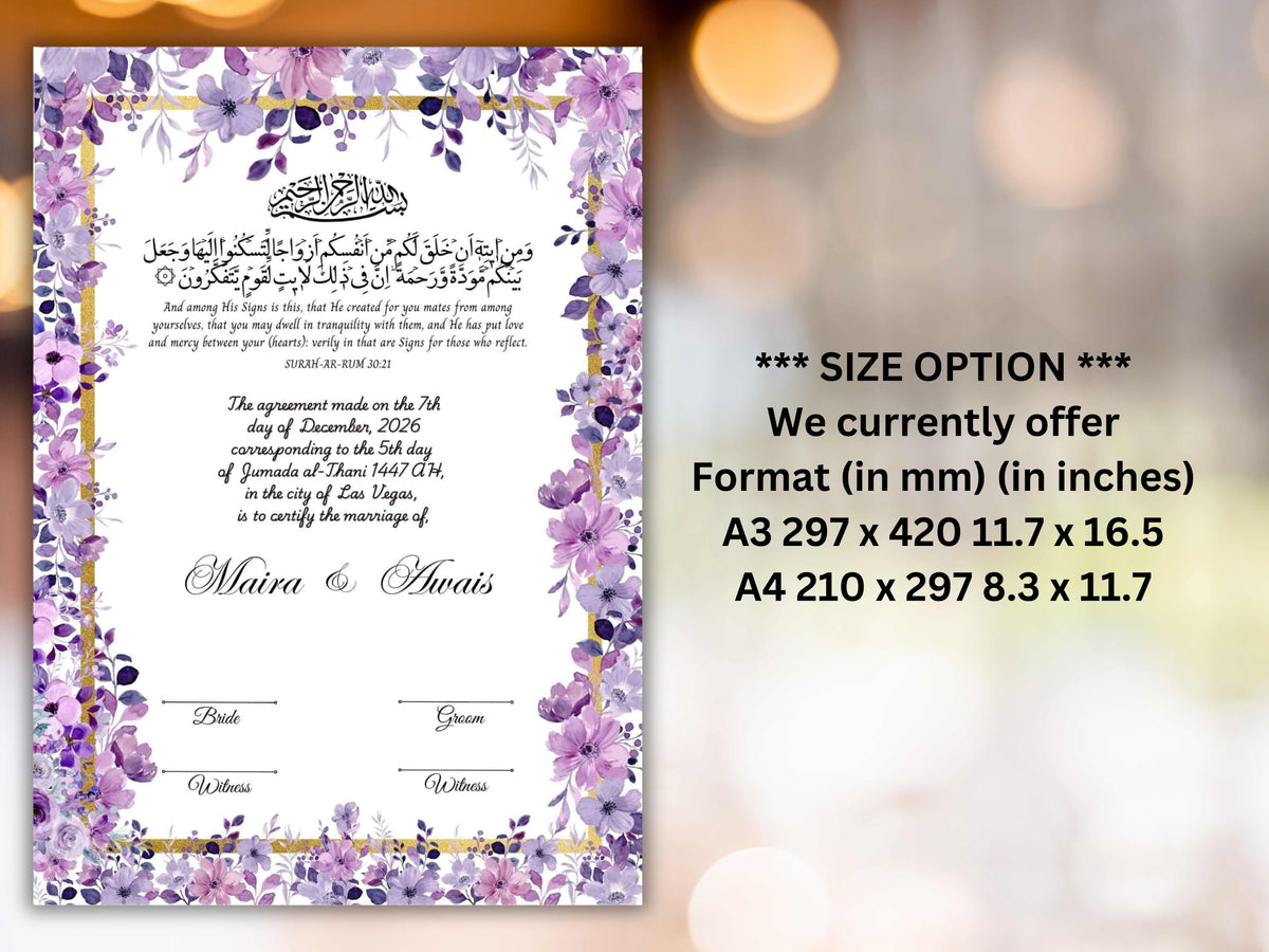 Nikkah Certificate Digital Download Personalised, A4, A3, Template, Editable, Floral Nikkah Nama, Nikkah Contract, Muslim Contract. NN293