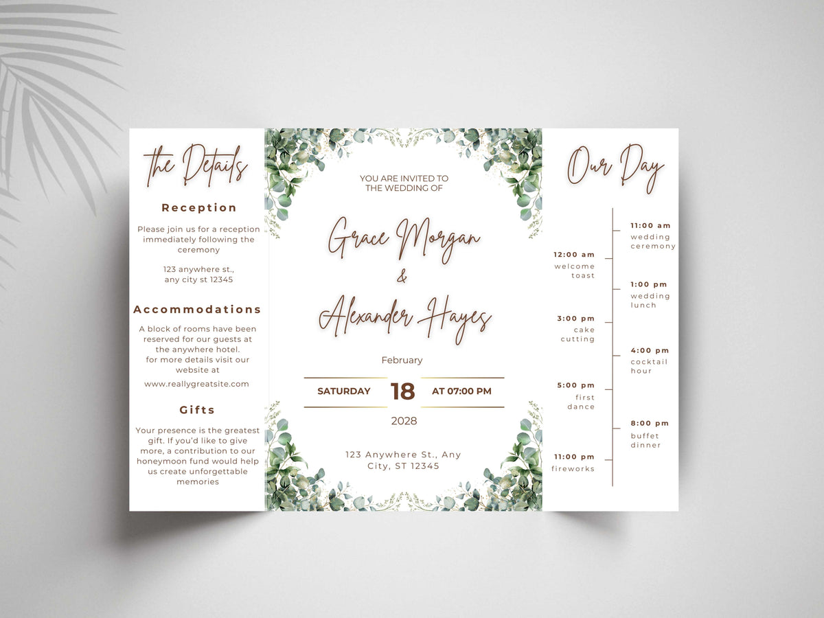 Elegant Greenery Wedding Invitation Template | Modern Eucalyptus Wedding Invite Itinerary & Details Card | Printable Digital Download.WI166