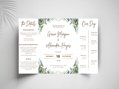 Elegant Greenery Wedding Invitation Template | Modern Eucalyptus Wedding Invite Itinerary & Details Card | Printable Digital Download.WI166