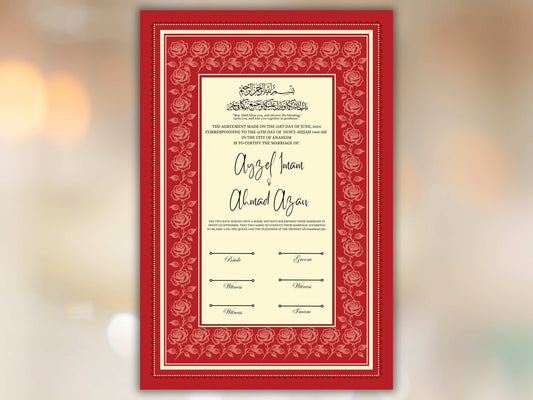 Rose Nikkah Certificate Template, Editable Nikkahnama, Printable Nikah Contract, Muslim Contract, Red Nikkah Islamic Marriage Contract.NN252