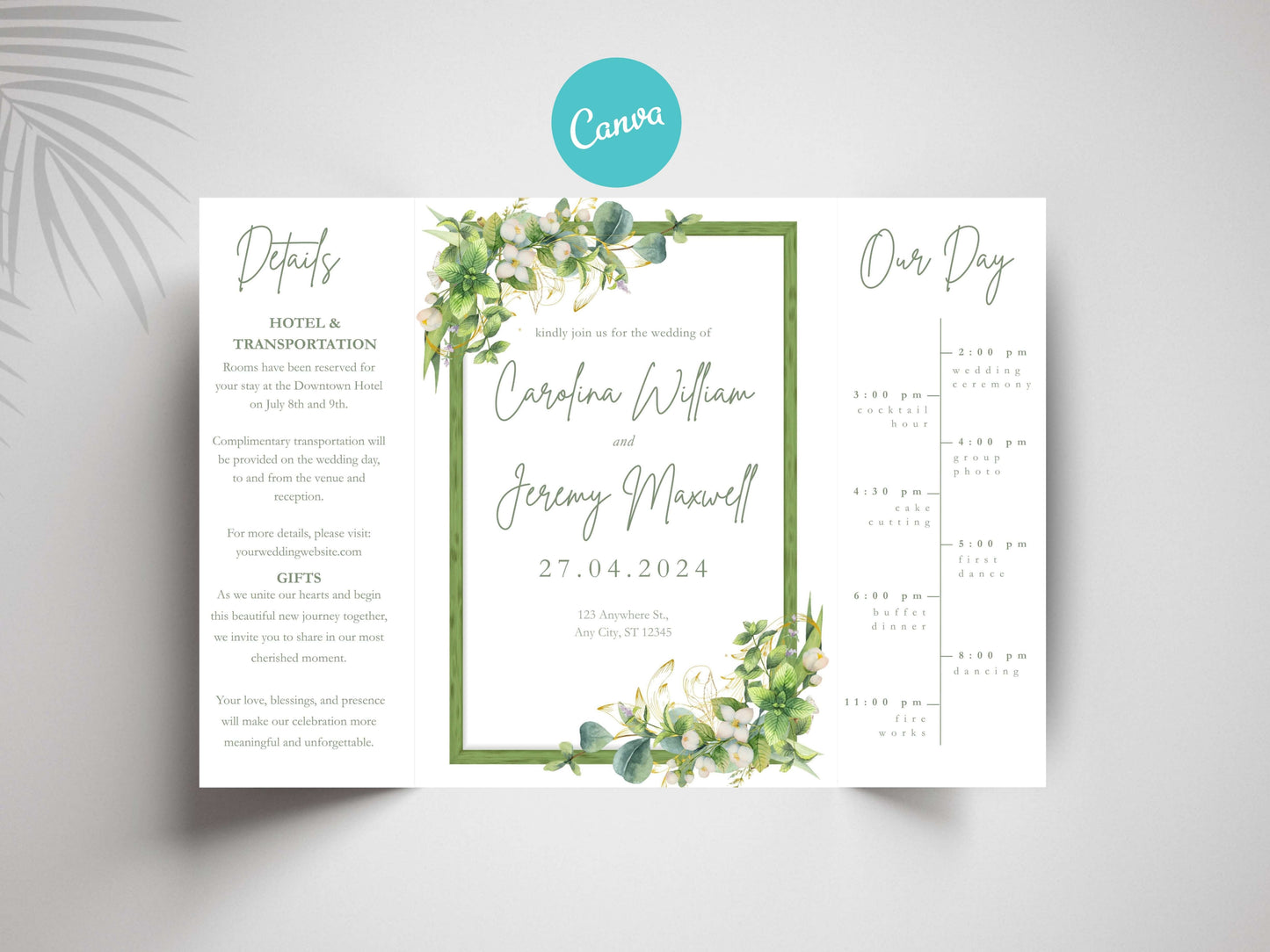 Greenery Wedding Invitation Template | Floral Timeline Itinerary Card | Rustic Botanical Printable Wedding Program. WI148