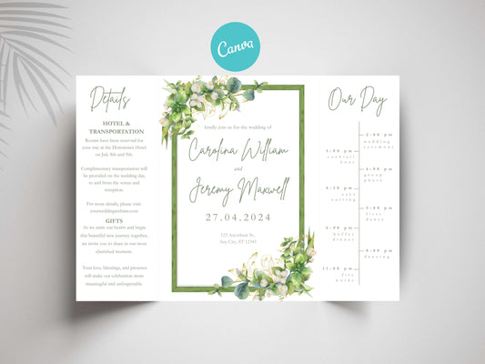 Greenery Wedding Invitation Template | Floral Timeline Itinerary Card | Rustic Botanical Printable Wedding Program. WI148