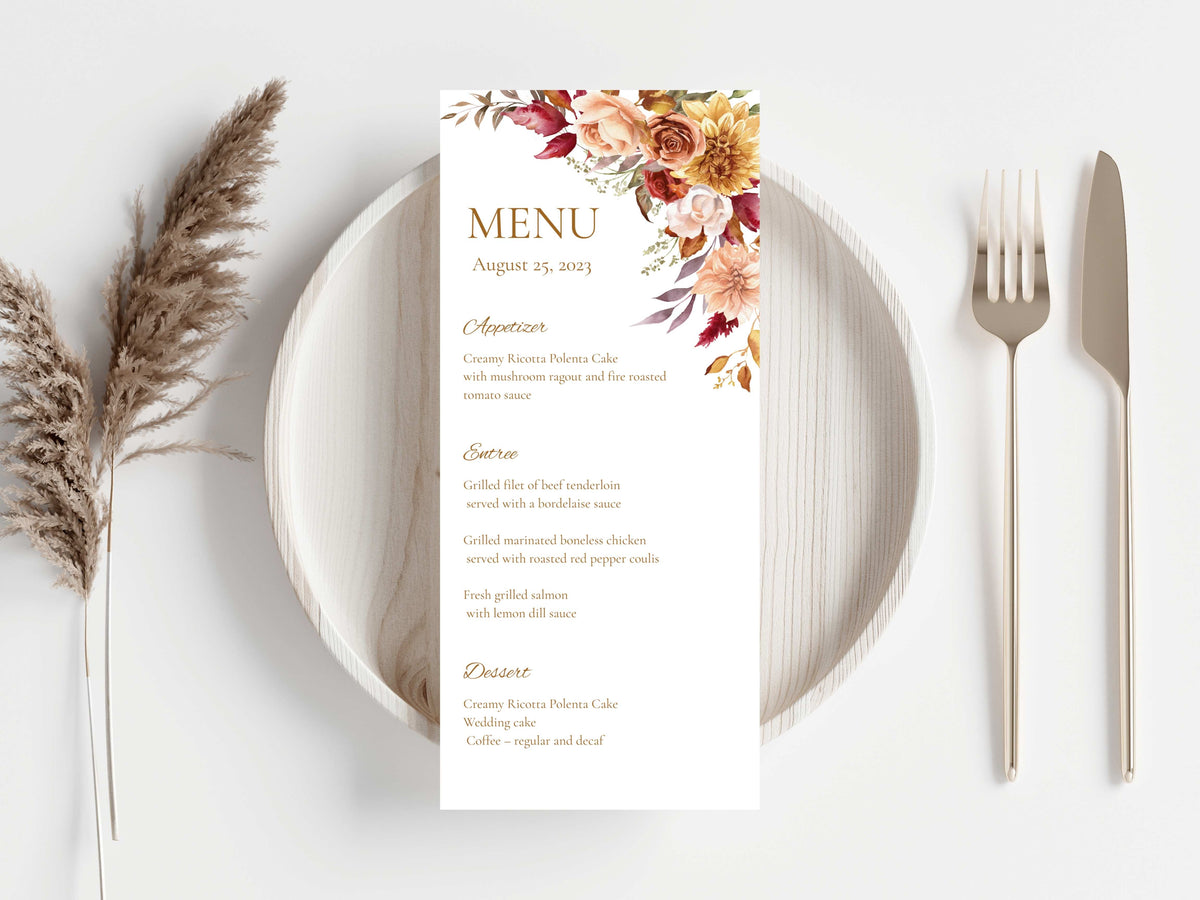 Boho Autumn Wedding Menu Template, Editable Place Card & Thank You Note, Fall Floral Wedding Printables. WI191