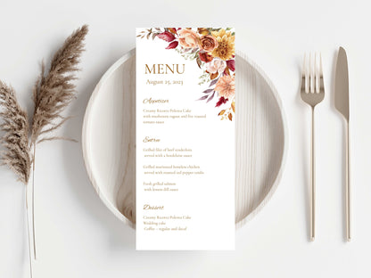 Boho Autumn Wedding Menu Template, Editable Place Card & Thank You Note, Fall Floral Wedding Printables. WI191