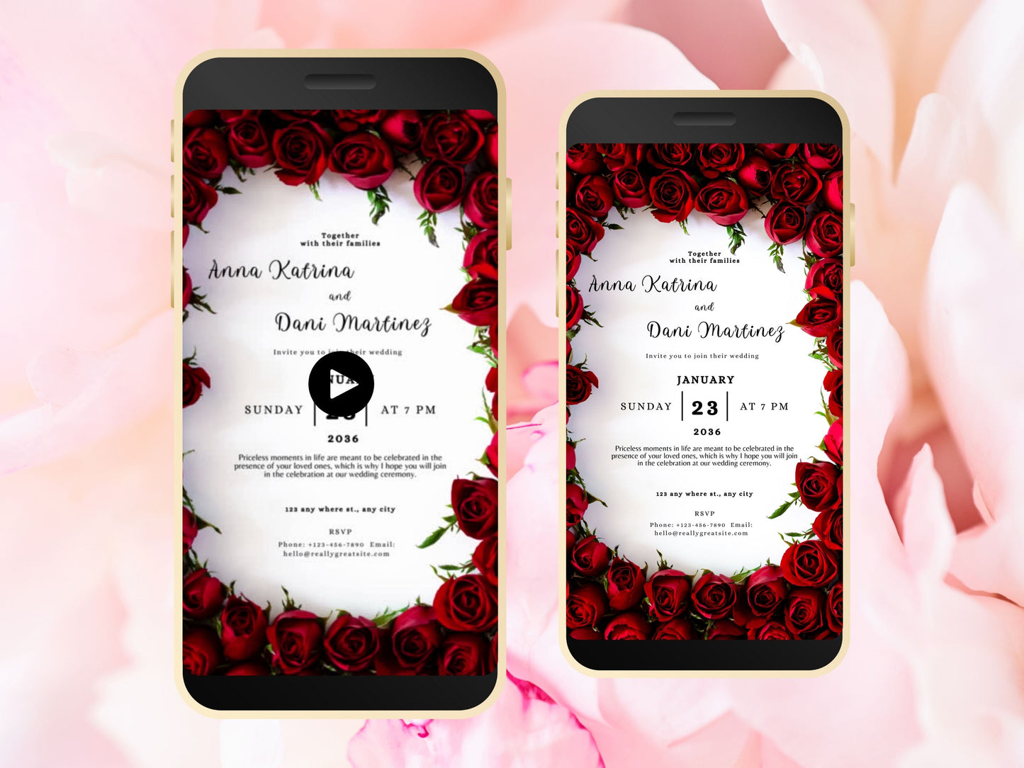 Red Rose Wedding Evite Template, Electronic Wedding Invitation, Red Rose video Wedding Invitation, Text Message, Mobile Phone Invite. WEI6