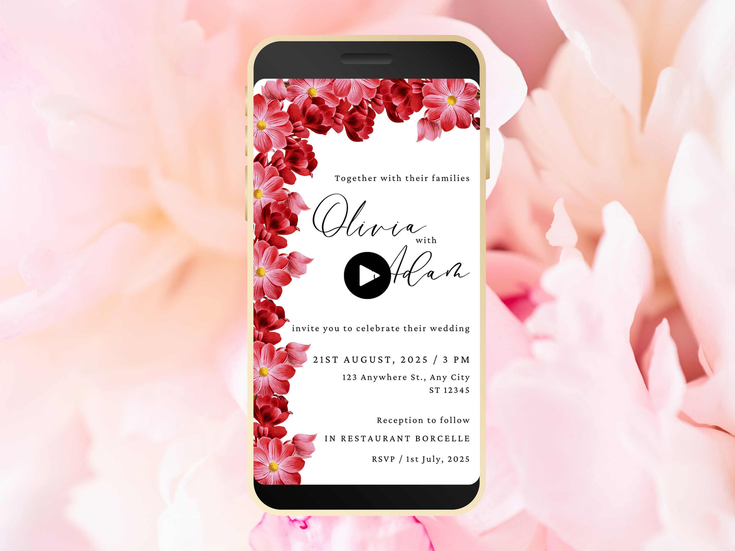 Red Flowers Wedding Evite Template, Electronic Wedding Invitation, video Wedding Invitation, Text Message, Mobile Phone Invite. WEI44