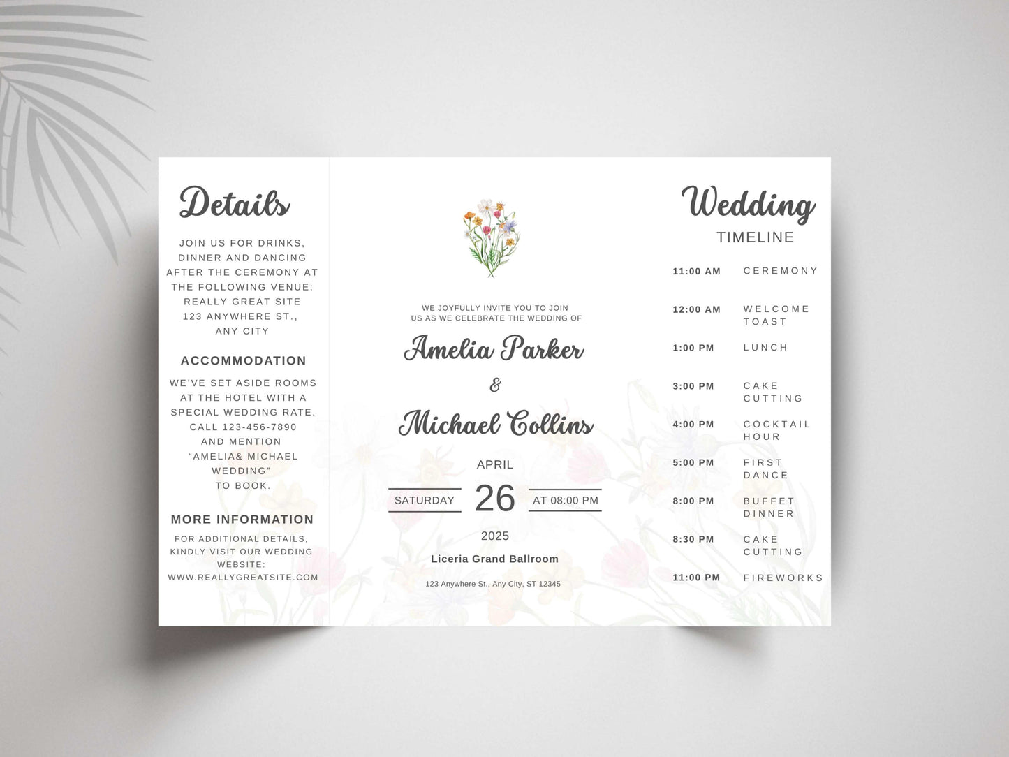 Elegant Wedding Invitation Card | Modern Floral Timeline Invite | Printable Details & Schedule | Personalized Digital Download. WI159