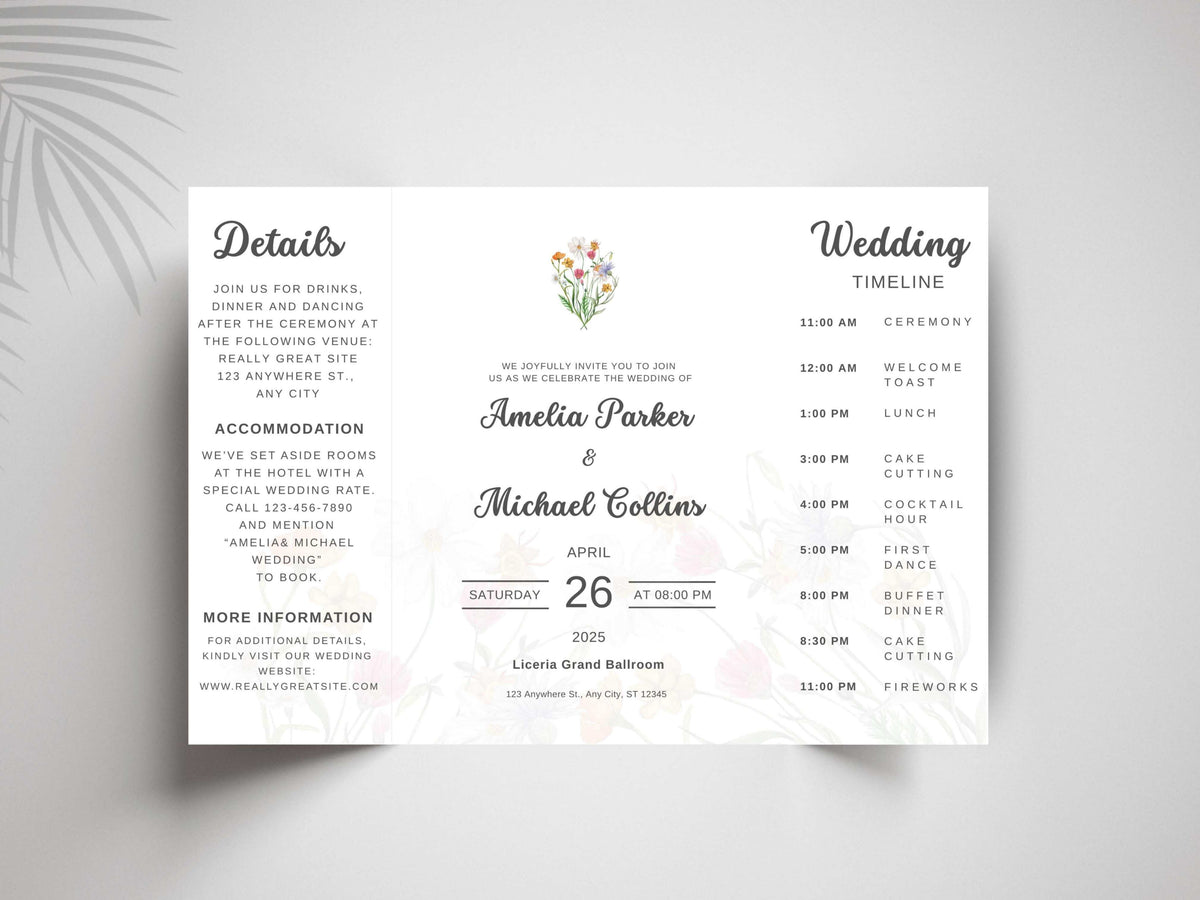 Elegant Wedding Invitation Card | Modern Floral Timeline Invite | Printable Details & Schedule | Personalized Digital Download. WI159