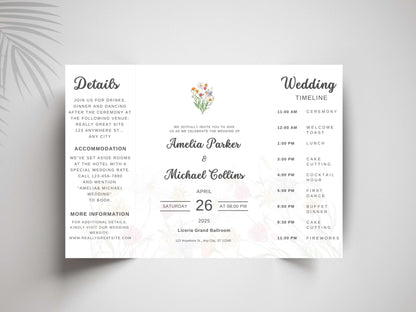 Elegant Wedding Invitation Card | Modern Floral Timeline Invite | Printable Details & Schedule | Personalized Digital Download. WI159