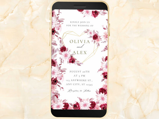 Pink Rose Wedding Evite Template, Electronic Wedding Invitation, Pink Rose video Wedding Invitation, Mobile Phone Invite. WEIB24
