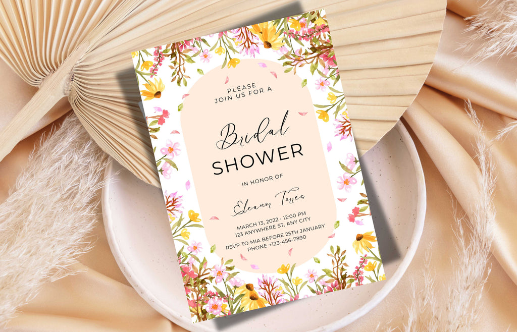 Boho Floral Bridal shower invitation, Spring Bridal shower invitation template, Wildflower bridal invitation, Editable Template, WS42