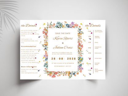 Editable Wedding Invitation Template | Wildflower Gatefold Design | Boho Rustic Canva Invite | Printable Wedding Program. WI185