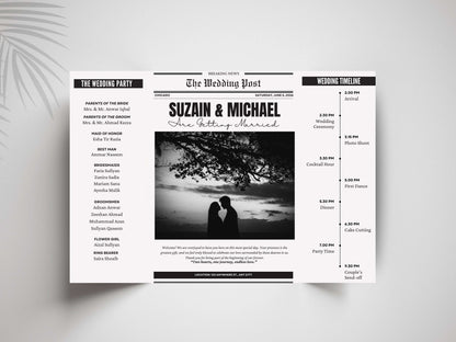 Newspaper Style Wedding Invitation | Gatefold Wedding Card | Vintage Wedding Program with Timeline | Unique Wedding Party Invite. WI136
