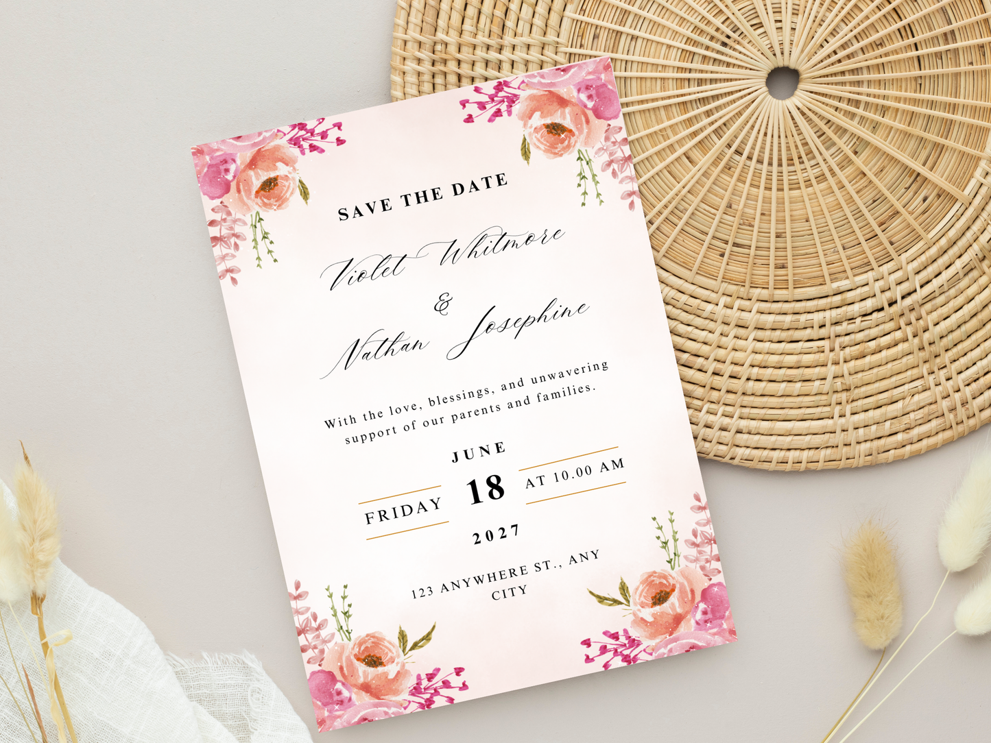 Pink Floral Wedding Invitation Suite, Watercolor Thank You Card, Menu, RSVP & Details Card, Bottle Label MTC375