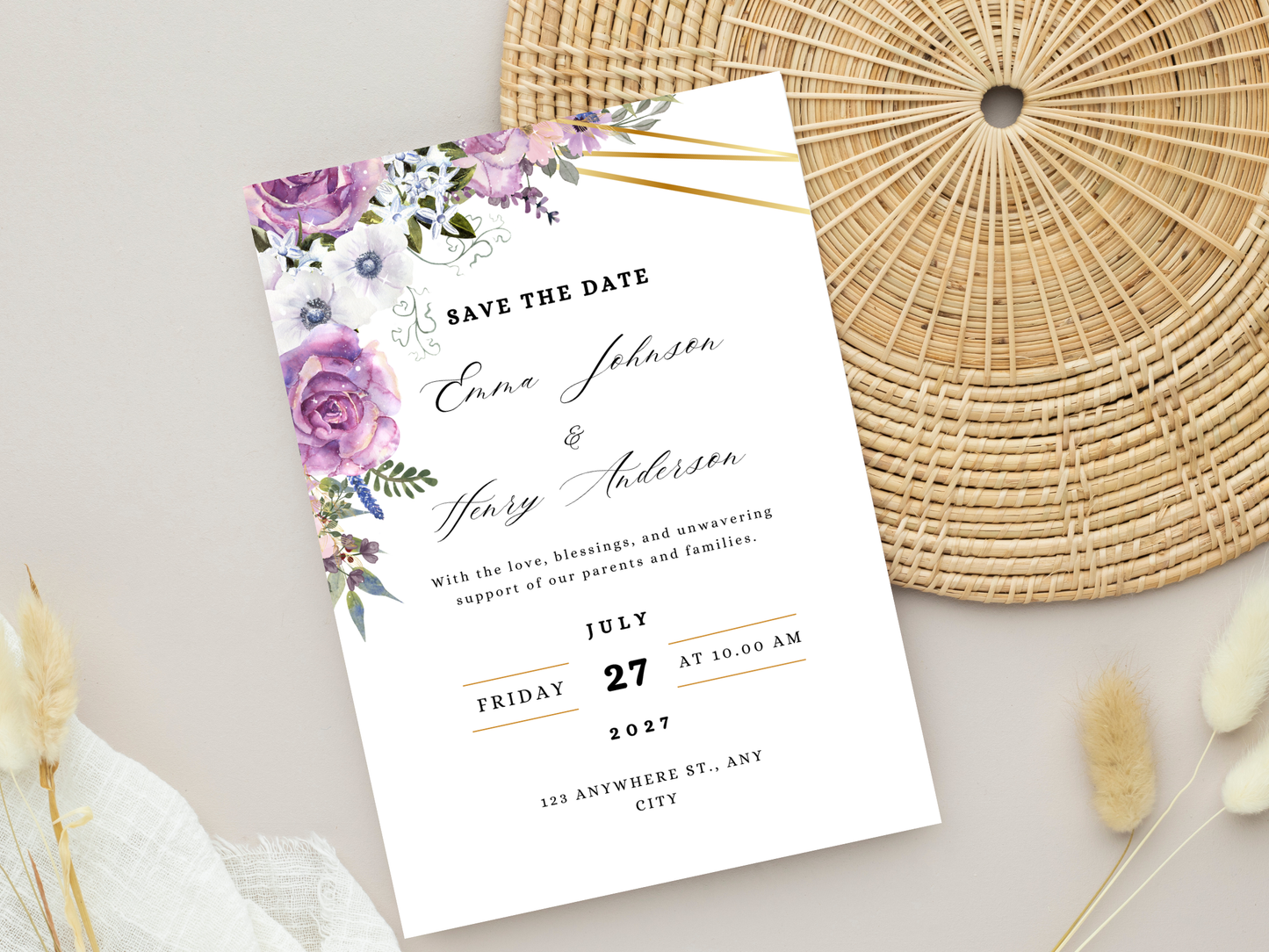 Lavender Floral Wedding Invitation Suite, Editable RSVP, Details, Menu & Thank You  (Digital Download) MTC379
