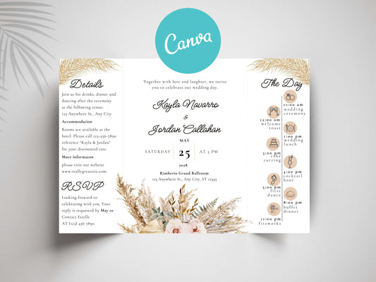 Rustic Gatefold Wedding Invitation | Boho Folded Invite with Timeline | Neutral Beige Floral Wedding Card | RSVP. WI142