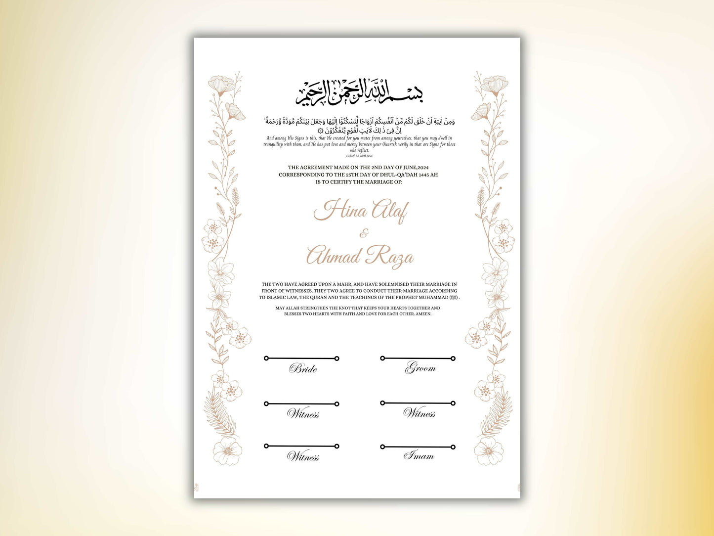 Luxury Nikkah Certificate, Premium A4 Islamic Wedding Contract, Nikkah Nama, Muslim Marriage Certificate, Personalised Names, A4, A3. NN251