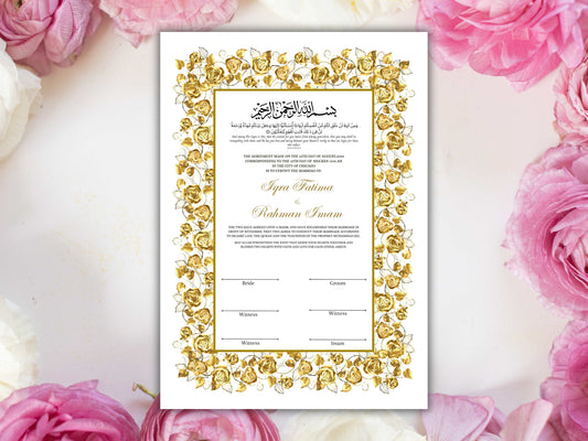 Luxury Nikkah Certificate, Premium A4 Islamic Wedding Contract, Nikkah Nama, Muslim Marriage Certificate, Personalised Names, A4, A3. NN215