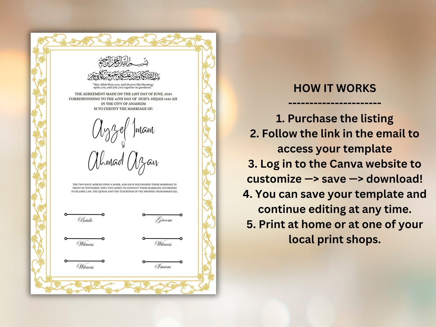 A4/A3 Nikkah Certificate, Customizable Luxury Islamic Nikkah Marriage Contract Certificate, Muslim Wedding Gift. NN257