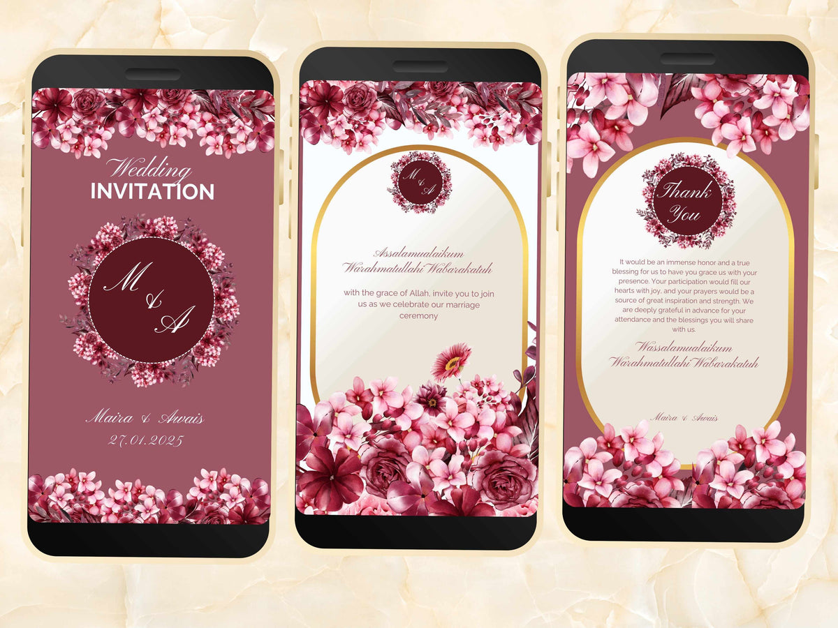 Wedding Invitation, Online Invitation Template, Maroon E-Invite, Electronic Invitation, Digital Burgundy Rose Wedding Invitation. WEI55