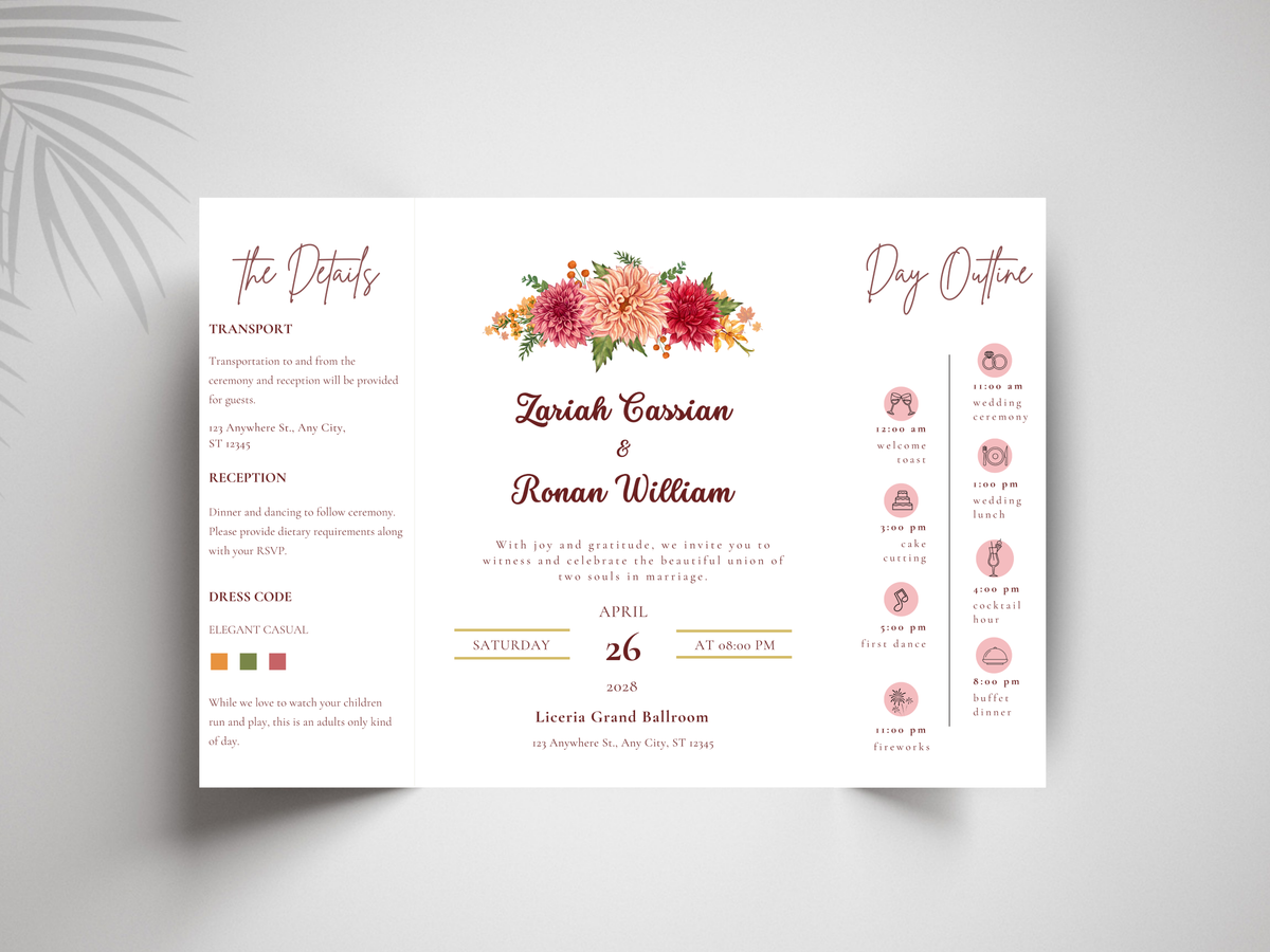 Editable Gatefold Wedding Invitation Template | Floral Wedding Itinerary & Details Card | Elegant Canva Invitation | Printable Wedding Suite. WI183