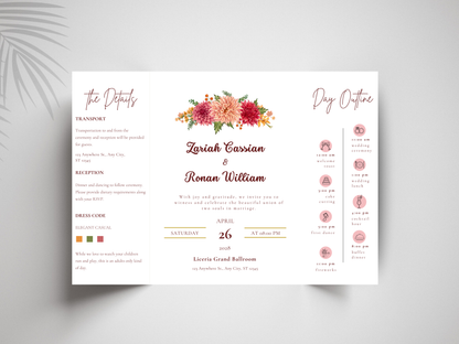 Editable Gatefold Wedding Invitation Template | Floral Wedding Itinerary & Details Card | Elegant Canva Invitation | Printable Wedding Suite. WI183