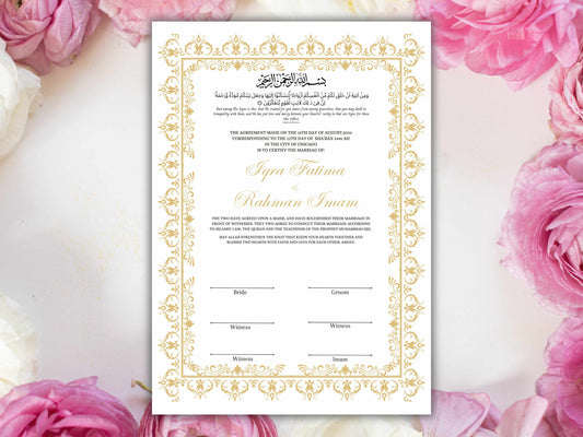 Nikkah Certificate, A4/A3 Islamic Wedding Contract Template, Nikkah Nama, Muslim Marriage, Personalised Names, Quran Verse.NN235