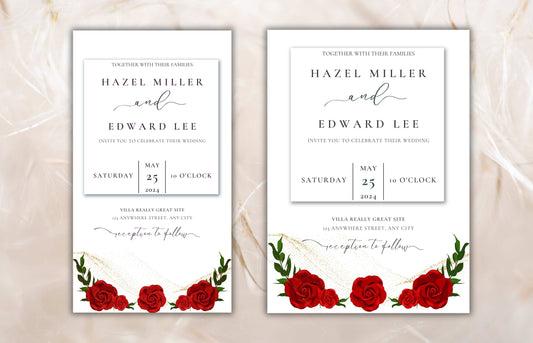 Red Roses Wedding Invite, Floral Wedding, Electronic Wedding Invite, Editable Wedding Template, Red Rose Printable Card. Digital. WEI38