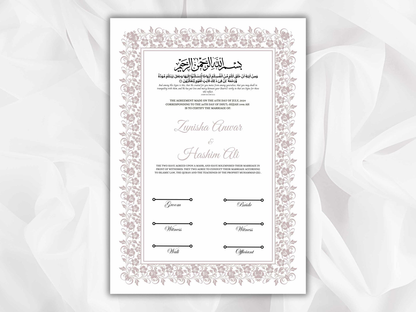 Nikkah Certificate Template, Traditional Islamic Wedding Agreement, Marriage Contract Wedding, Marriage Certificate Template, A4, A3. NN262