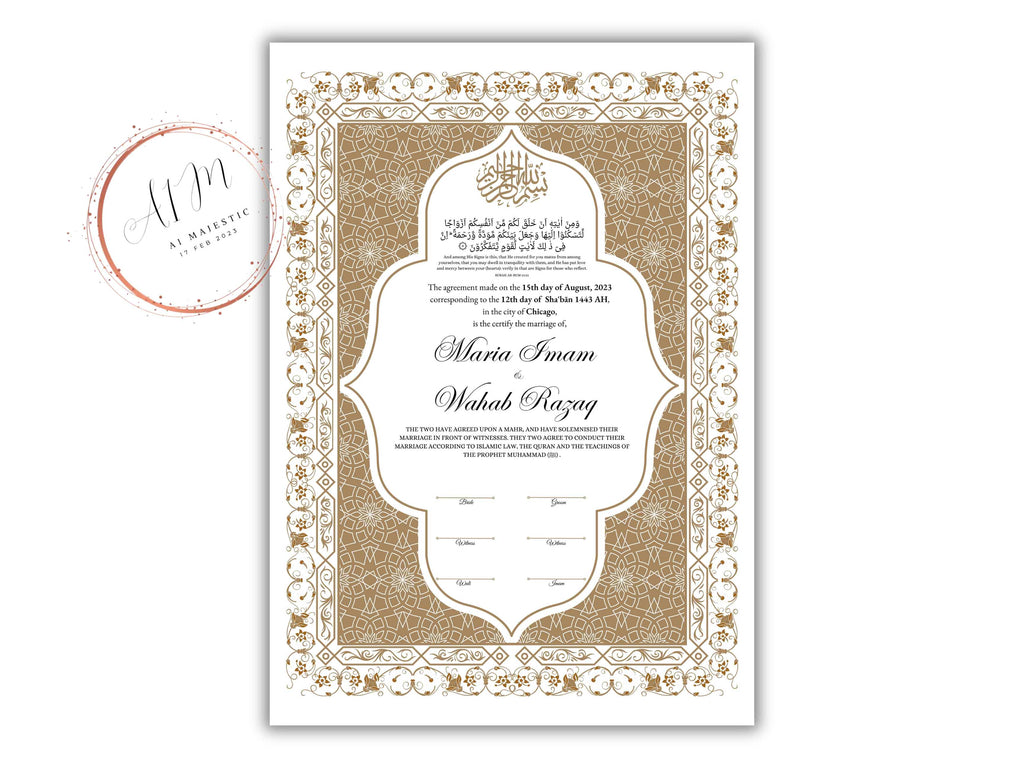 Nikkah Certificate Digital Download Personalized, Luxury Nikkah Contract, Islamic Wedding Contract, Personalized Muslim Wedding Gift. NN188