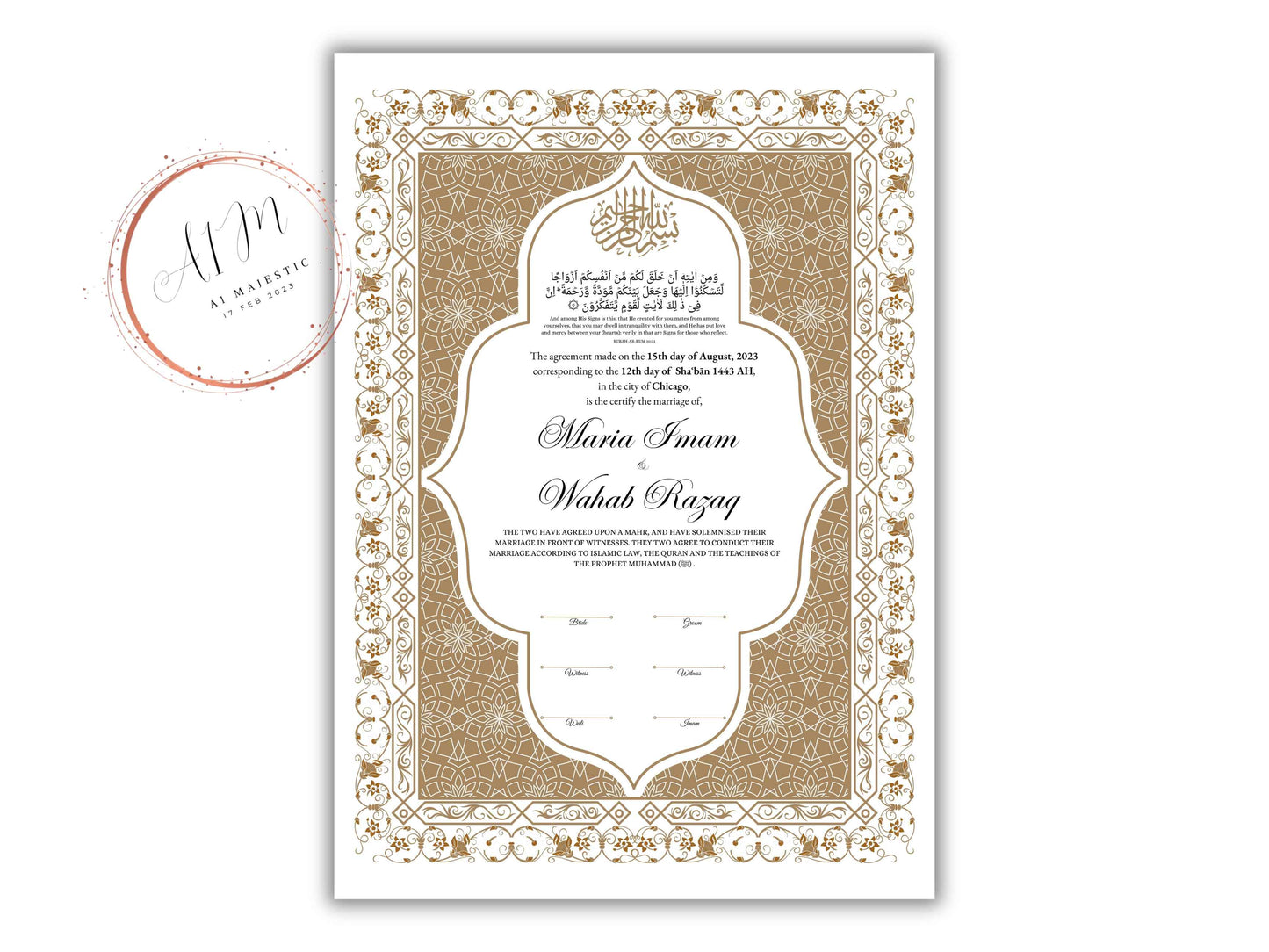 Nikkah Certificate Digital Download Personalized, Luxury Nikkah Contract, Islamic Wedding Contract, Personalized Muslim Wedding Gift. NN188