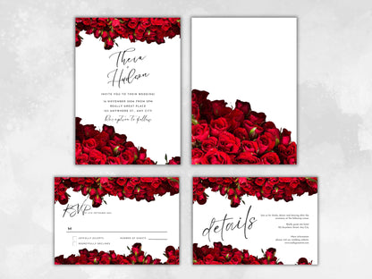 Red Rose Wedding Invitation set, Red Rose RSVP, Dark Red floral, Elegant Red Rose wedding Invitation, Details Card. WCT60