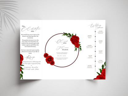 Red Rose Wedding Invitation Template Gatefold Style | Floral Wedding Invite | Romantic Printable Invitation Set | Modern Wedding Card. WI180