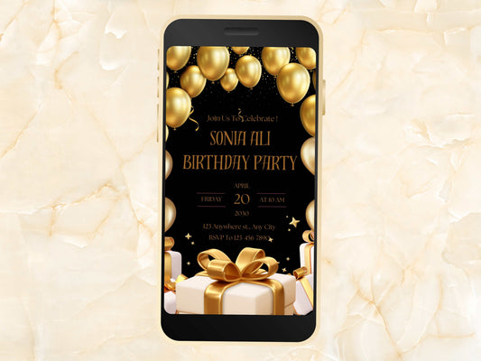 Gold Balloon Birthday Party, Digital Invitation, Text Invitation Black & Gold instant download, Printable, Shareable, Black theme. WEI50
