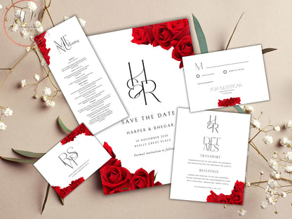 Red Rose Wedding Invitation set, Red Rose RSVP, Dark Red floral, Elegant Red Rose wedding Invitation, Details Editable, Menu Card, WC34