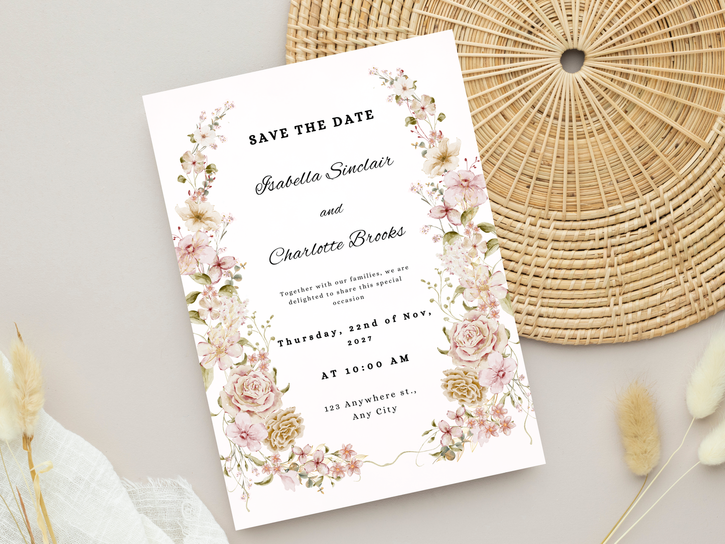 Luxury Floral Wedding invitation Bundle, Editable Canva Template, Details, RVSP, Instant Download MTC397