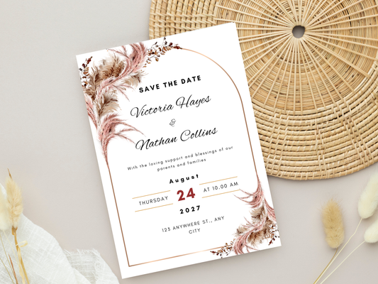 Blush Pampas Wedding Invitation Suite, Editable RSVP, Details, Menu & Thank You (Digital Download) MTC389