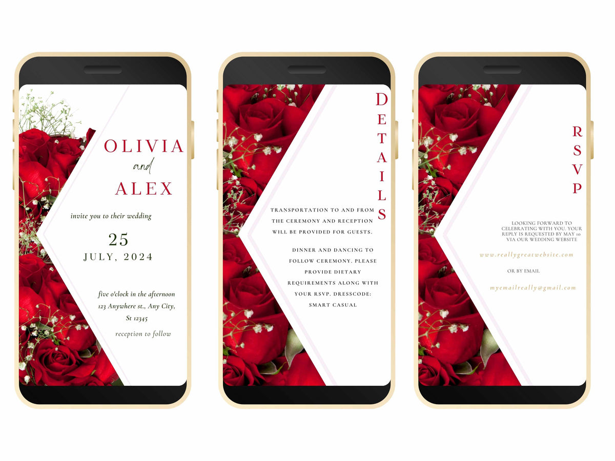 Modern Electronic Red Rose Wedding Invitation, Red Rose RSVP, Elegant Red Rose wedding Invitation, Smartphone Invitation. WEI5