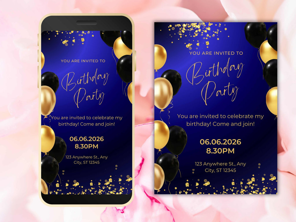 Digital Birthday Dinner Invitation Template, Blue Tie Glam Invite, Animated Blue Golden Diamond Evite , Self Editable eCard. WEIB42