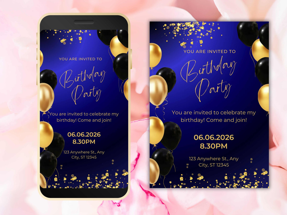 Digital Birthday Dinner Invitation Template, Blue Tie Glam Invite, Animated Blue Golden Diamond Evite , Self Editable eCard. WEIB42