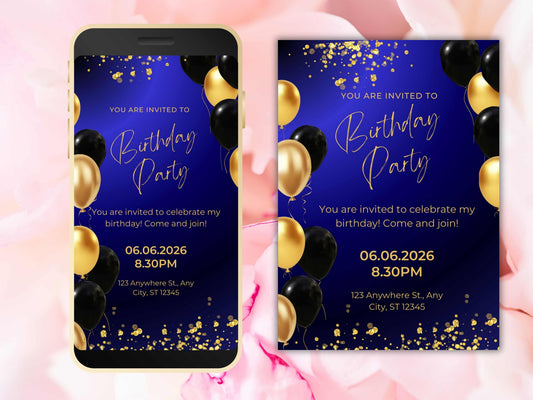Digital Birthday Dinner Invitation Template, Blue Tie Glam Invite, Animated Blue Golden Diamond Evite , Self Editable eCard. WEIB42